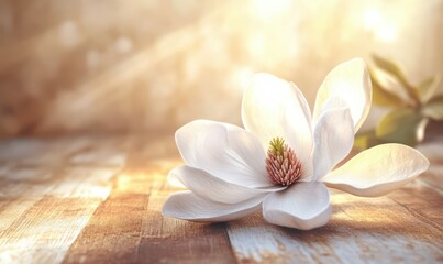 Fototapeta premium Elegant white magnolia blossom in full bloom, placed on a textured wooden background, illuminated by soft, warm lighting, symbolizing purity and grace