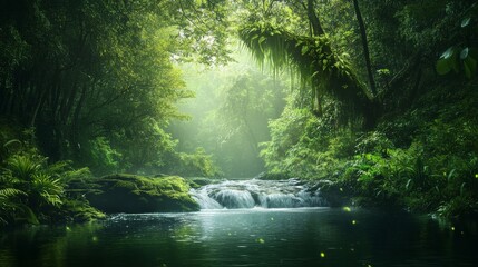 Obraz premium Amazing scenic view Tropical forest with jungle river on background green trees in the morning rays of the sun