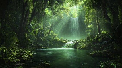 Amazing scenic view Tropical forest with jungle river on background green trees in the morning rays of the sun