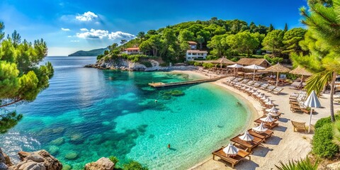 Obraz premium Stunning Hvar Island Beach Club View: Adriatic Sea, Croatian Coastline, Summer Vacation Paradise