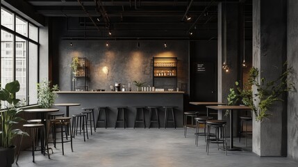 A well-lit industrial cafe with metallic fixtures, concrete flooring, and black bar stools.