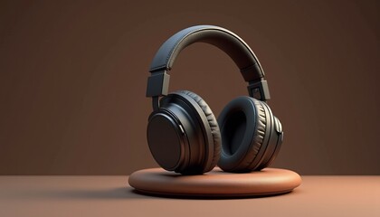 Wireless headphones on a chic wooden stand in soft lighting