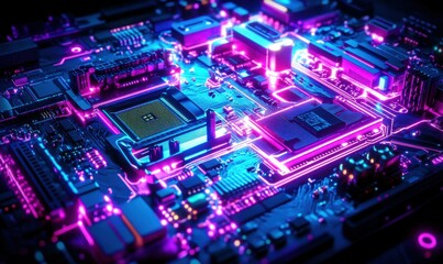 Obraz premium Abstract futuristic circuit board glowing with neon blue and purple lights, soft light enhancing the intricate electronic design