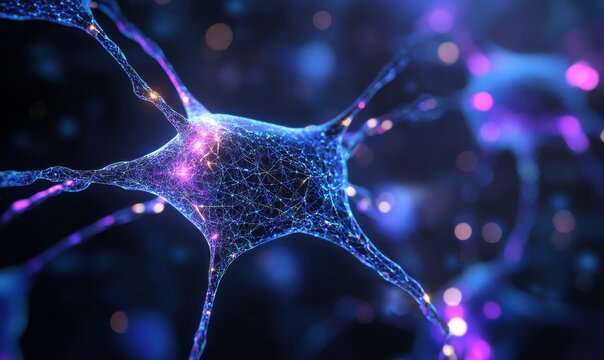 Abstract futuristic AI interface with glowing neural links, vibrant blue and purple hues forming intricate digital patterns, advanced technology theme, clean bold design