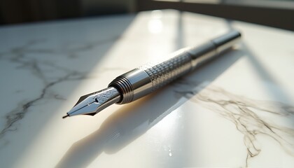 Naklejka premium Shimmering fountain pen resting on a marble surface in soft sunlight