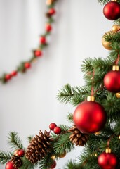 Colorful christmas tree garland featuring red and gold ornaments with pine cones on a bright white background bokeh red bokeh abstract background glow design light texture effect sparkle