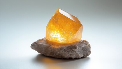 yellow crystal stone on a natural rock with a white background
