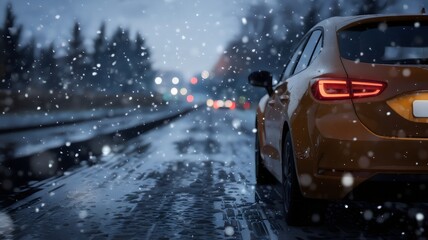 Snowy Road Adventure: A solitary car navigates a snowy road during a winter storm, with an orange vehicle cutting through the falling snow on the way