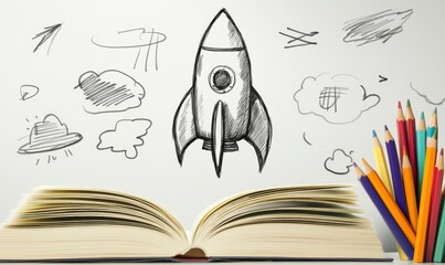 Back To School - Books And Pencils With Rocket Sketch