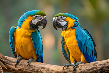 Obraz premium Two blue and gold guacamaya perched on a branch, tropical parrots with striking feathers and expressive eyes in a lush natural setting