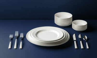 Clean white plates and silverware arranged neatly on a deep blue background, minimalistic style with high contrast perfect for dining presentation