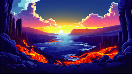 Captivating Vector Art of Sunset Over Ocean with Dramatic Volcanic Landscape, Flowing Lava Rivers, Vibrant Skies, and Majestic Rock Formations