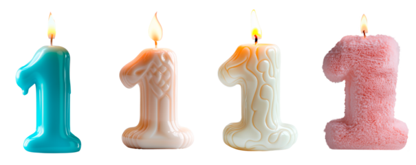 Four variations of number one-shaped birthday candles, each with unique textures and finishes, isolated on a transparent background. Includes glossy blue, fluffy pink and white.