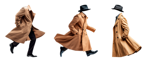 Invisible man in a stylish beige trench coat, black hat, and polished shoes, with a transparent background. The dynamic pose and floating design emphasize motion and mystery