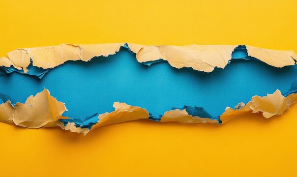 Colorful torn paper revealing a vibrant blue section against a bright yellow background