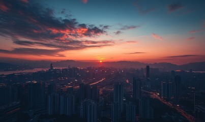 A breathtaking sunset over a city skyline with skyscrapers.