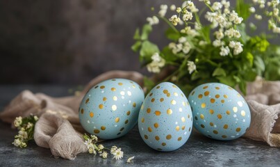 Obraz premium Decorative blue Easter eggs with golden spots arranged on a surface, creating a festive atmosphere with a soft