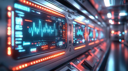 Futuristic corridor with glowing screens displaying data and lights for technology use