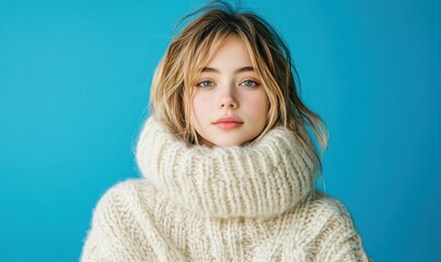 Portrait of attractive cute cheerful girl wearing cosy soft wool clothes isolated over bright blue color background