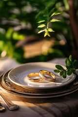 Golden wedding rings on a plate