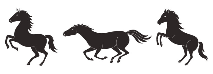 Set of black horses on a white background. Vector illustration.