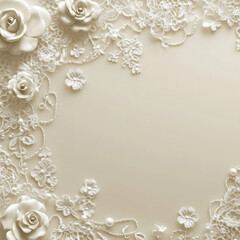 Ivory lace and roses frame on beige background