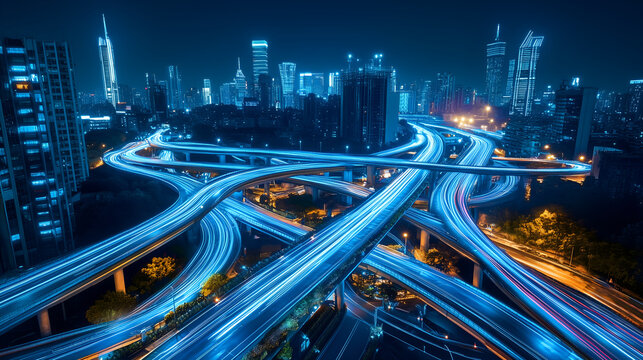 Aerial view of futuristic city with glowing blue highways and skyscrapers