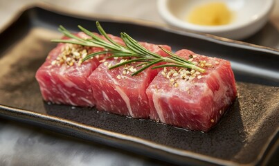 raw beef steak with rosemary