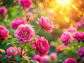 Obraz premium Summertime Pink Rose Bush Long Exposure Floral Background Stock Photo