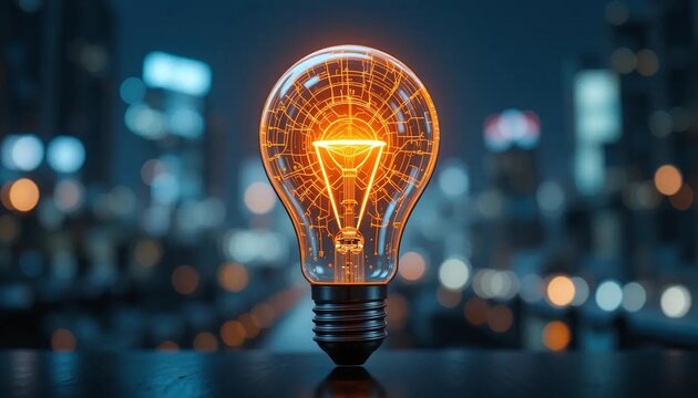 Illuminated lightbulb on a city street at night symbolizing ideas innovation success and futuristic urban technology concept
