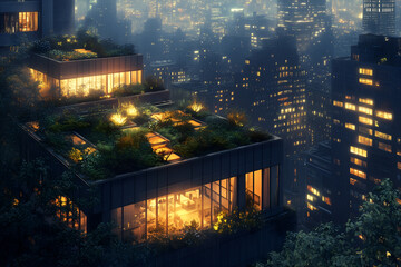 Obraz premium Aerial view of nighttime city with glowing rooftop gardens and skylights