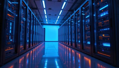 Futuristic data server room with glowing blue lights and high tech digital cloud computing network infrastructure for information storage and security