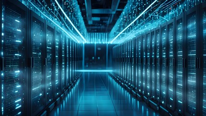 Fototapeta premium Rows of illuminated server racks in a modern data center showcase high-tech digital infrastructure.