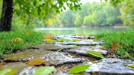 Fototapeta premium Rainy day park path, lake background, autumn leaves