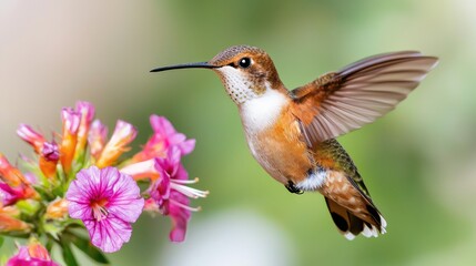 Fototapeta premium Hummingbird hovering near pink flowers, garden background, nature photography