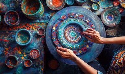 Artisan pottery workshop with hands molding clay, capturing the art of craftsmanship