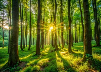 Obraz premium Sun Dappled Forest Path: Lush Green Canopy Slider Shot