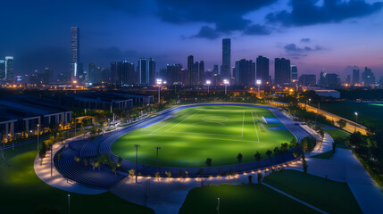 Fototapeta premium Aerial view of urban sports complex with illuminated fields and geometric seating arrangements