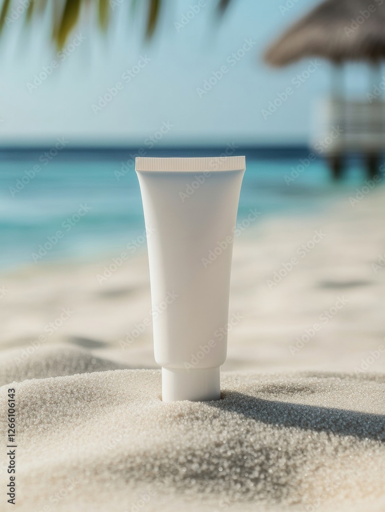 Poster white cosmetics cream tube on sandy beach with calm ocean in background showcasing a minimalist desi