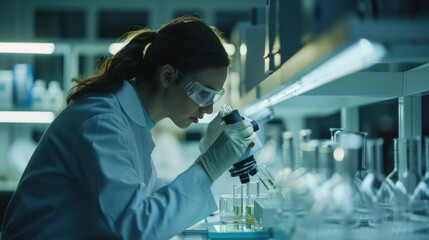 Advanced scientific lab, two researchers analyzing chemicals in a flask, discussing findings, medical research, biotechnology, molecular biology