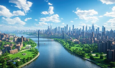 Fototapeta premium From above, one can see a modern city skyline, an impressive cable-stayed bridge, a winding river, an urban landscape, lush green parks