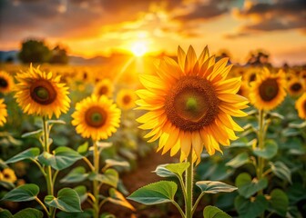 Fototapeta premium Sunflowers Field Bokeh, Summer Meadow, Golden Blooms, Vibrant Yellow Flowers, Nature Photography