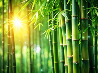 Fototapeta premium Sunlight Dappled Dewy Bamboo Forest Stock Photo