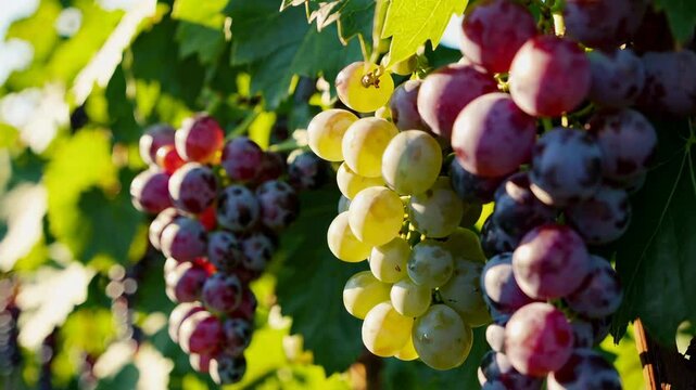 Bunches of grapes ripening on vine, green and purple fruits illuminated by soft sunlight
