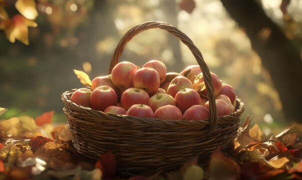 Basket filled with freshly picked apples, surrounded by fallen leaves and warm sunlight, evoking the essence of autumn harves