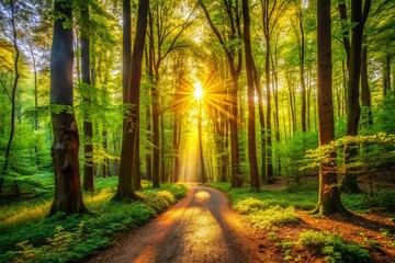 Obraz premium Sunlit Forest Path: Golden Hour Glow in Lush Woodland