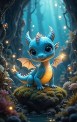Obraz premium little blue dragon in the magic forest