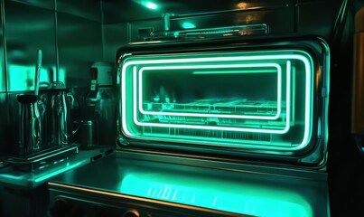 Obraz premium Green neon lines in bold, moving rapidly, light up a futuristic appliance.