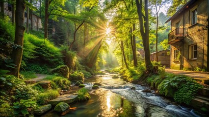 Obraz premium Sunlit Idyllic Forest Stream: Urban Exploration Photography