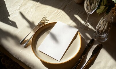 Elegant dining table setting with blank white menu mockup laying on plate. Restaurant paper invitation card template with copy space for weddings, romantic dinner